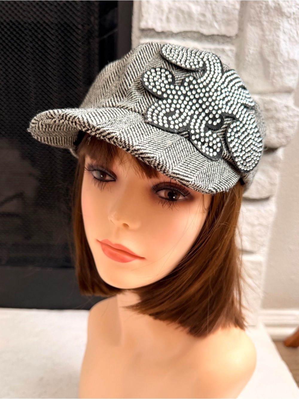 Y2K Herringbone Wool Blend Newsboy Cap Rhinestone Studded Appliqué Hat